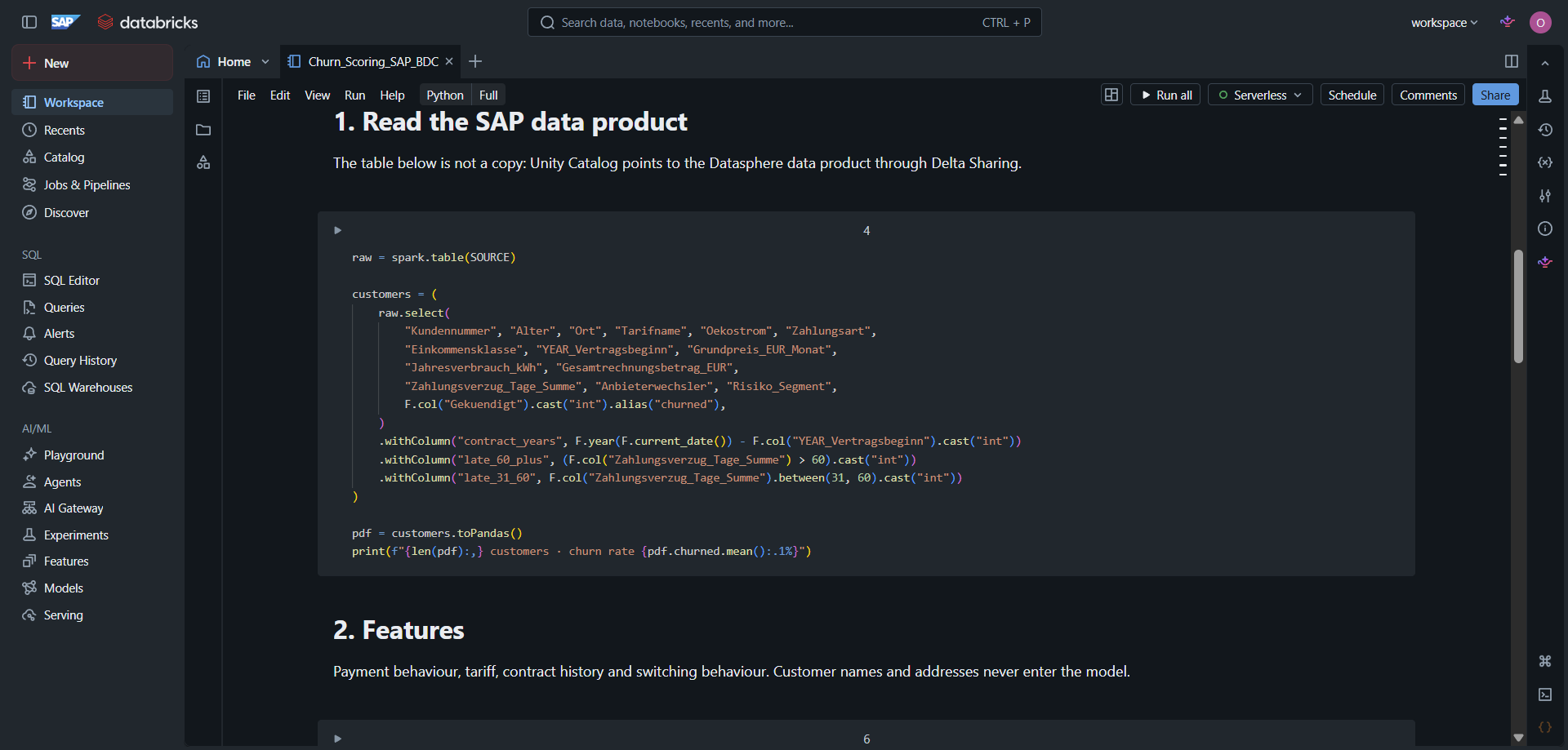 SAP Databricks notebook reading the Datasphere data product for churn scoring